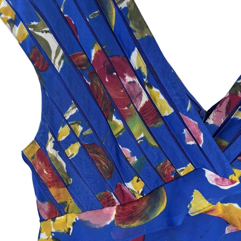 Floral Tiered Blue Sleeveless V-Neck Dress, Ruffled Layers,  Multicolor Print - Picture 9 of 13